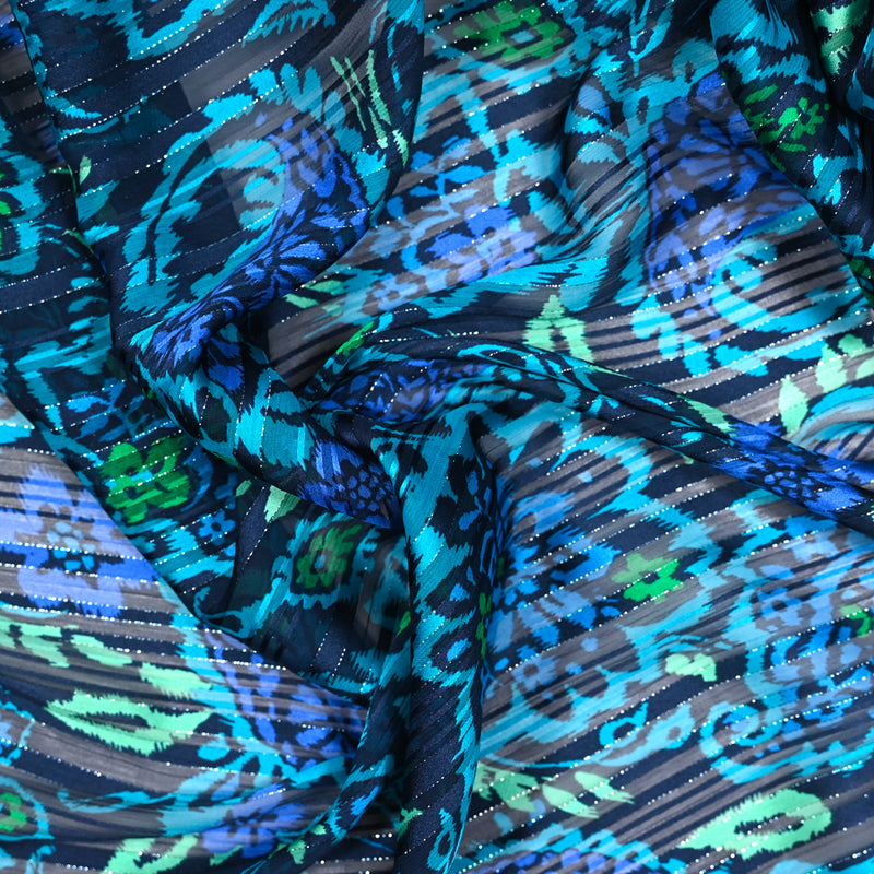 Mousseline imprimée lurex rayures satinées nature fond bleu
