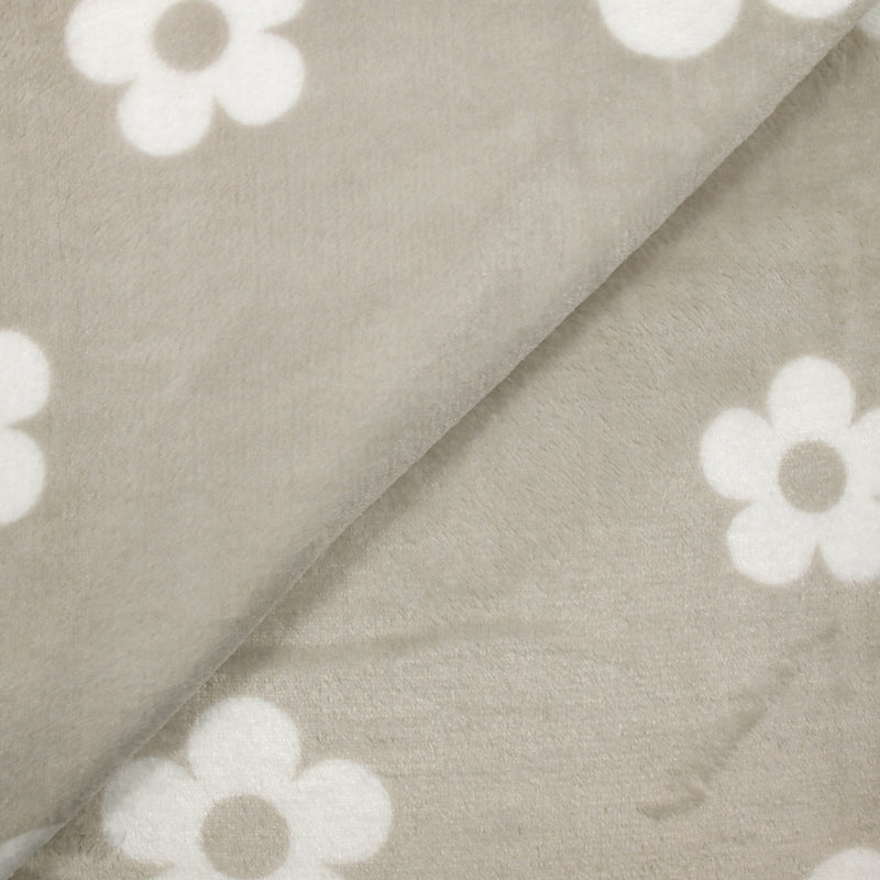 Fleece Doudou Printed White White Flowers Fond Grège