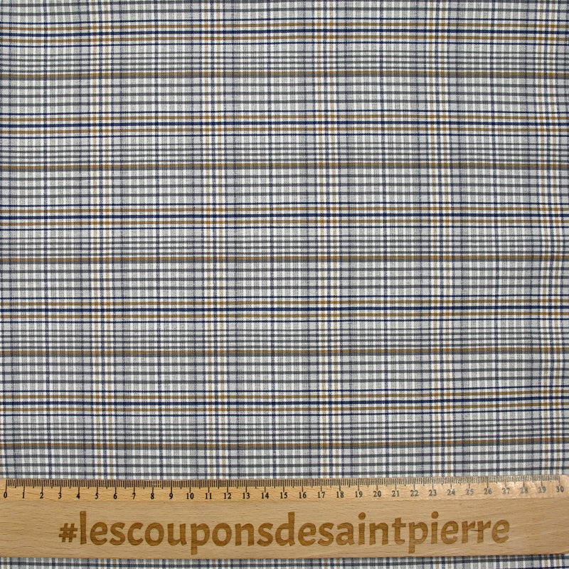 Bengaline polyviscose à carreaux marine, gris et camel fond blanc