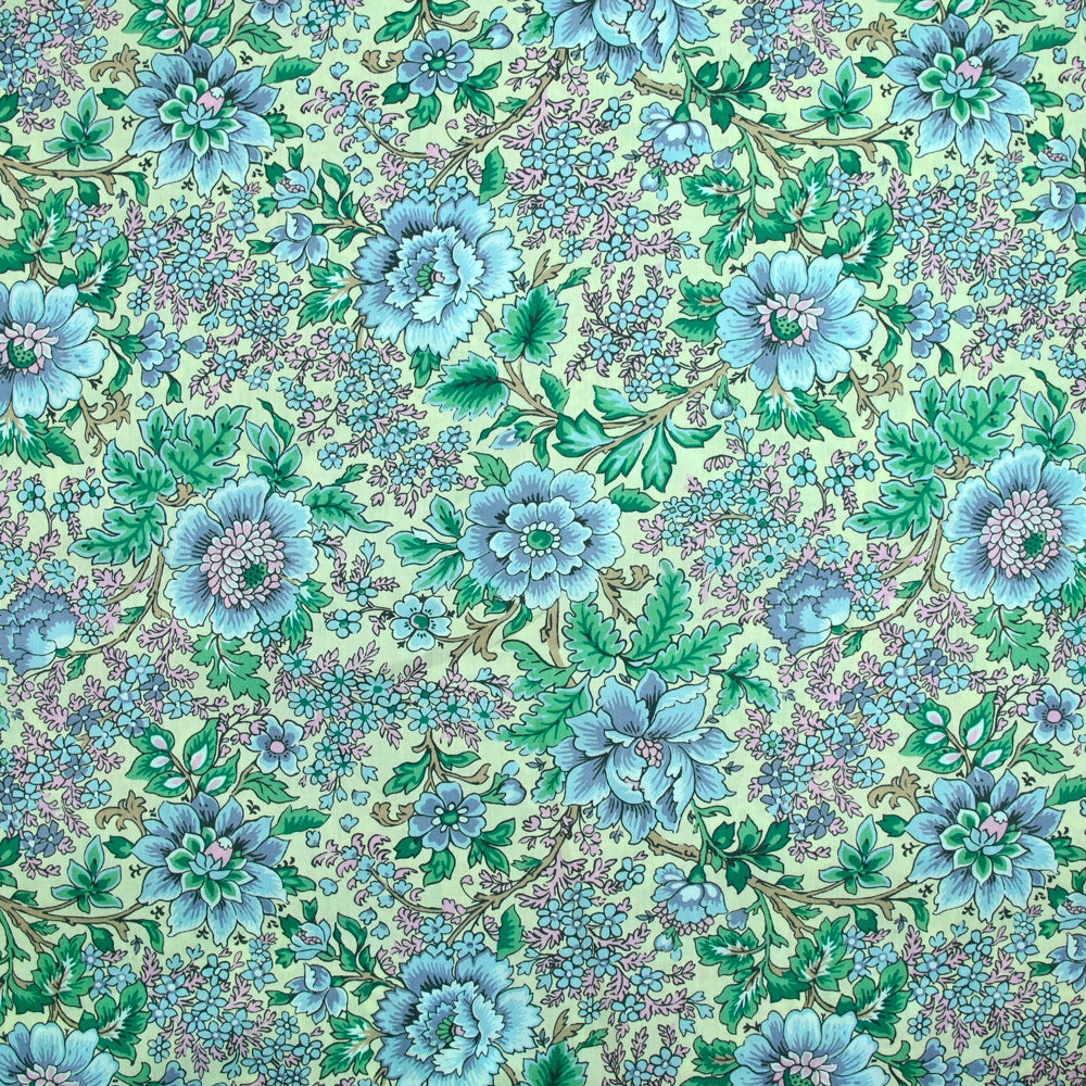 Coton liberty ® Vine Garden bleu fond vert pastel au mètre