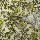 Coton indien imprimé liane de fleurs anis fond beige crème