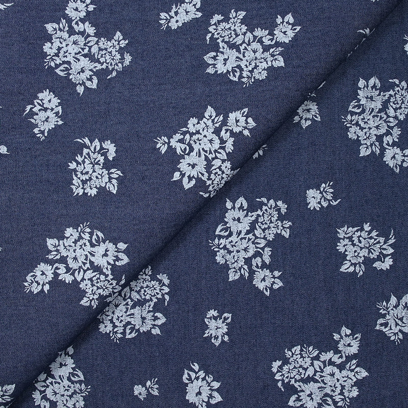 Chambray de coton imprimé fleurs fond bleu foncé