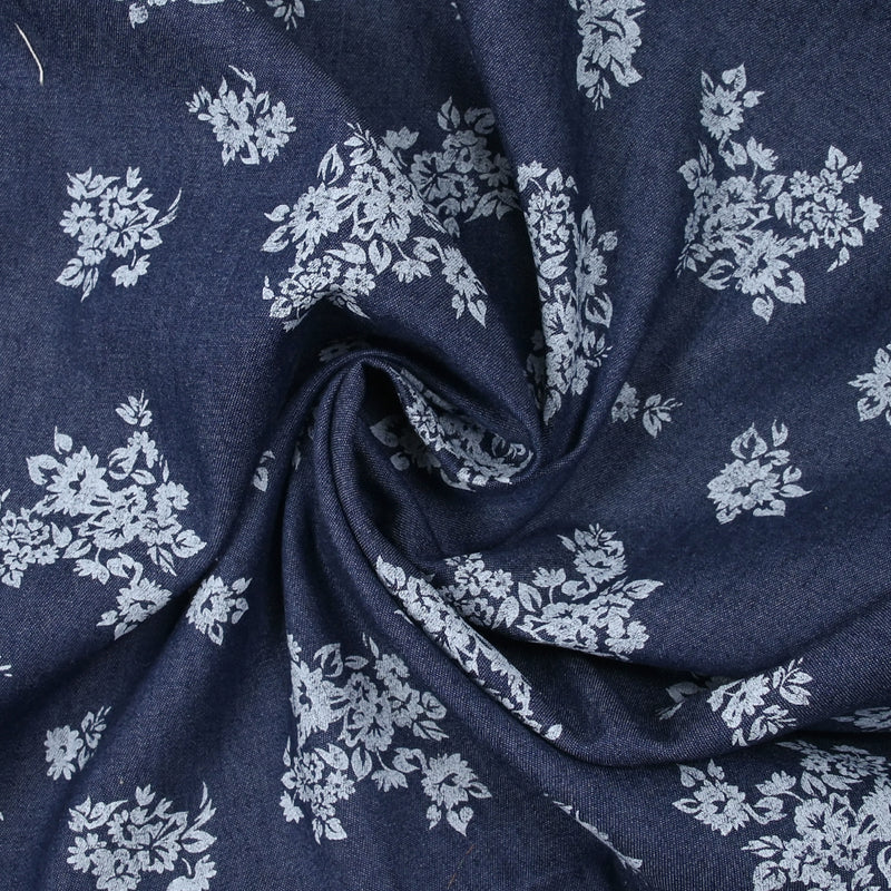 Chambray de coton imprimé fleurs fond bleu foncé