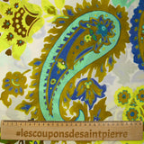 Voile de coton imprimé cachemire jaune fluo et turquoise fond écru