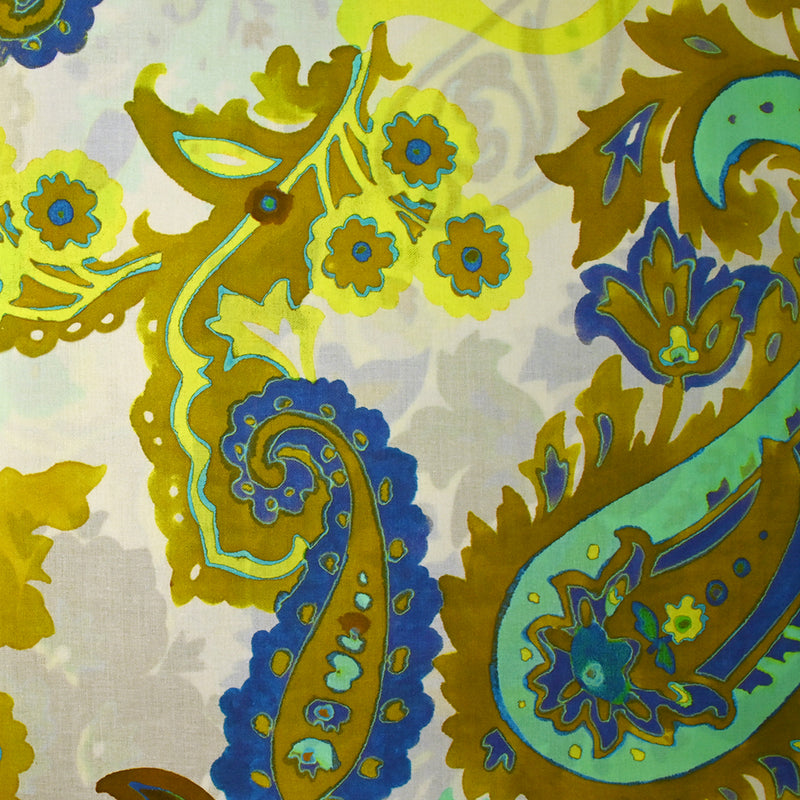 Voile de coton imprimé cachemire jaune fluo et turquoise fond écru