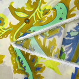 Voile de coton imprimé cachemire jaune fluo et turquoise fond écru