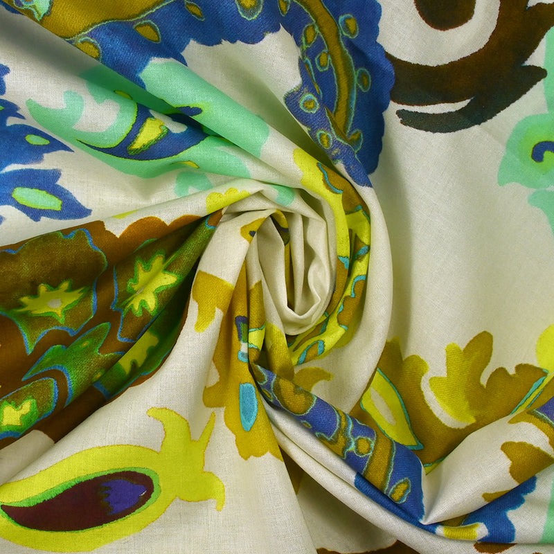 Voile de coton imprimé cachemire jaune fluo et turquoise fond écru
