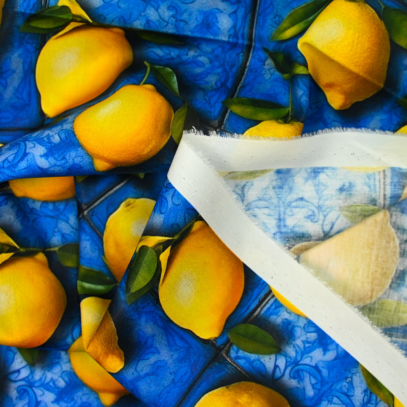 Lisbon printed cotton and lemon blue background