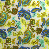 Voile de coton imprimé cachemire jaune fluo et turquoise fond écru