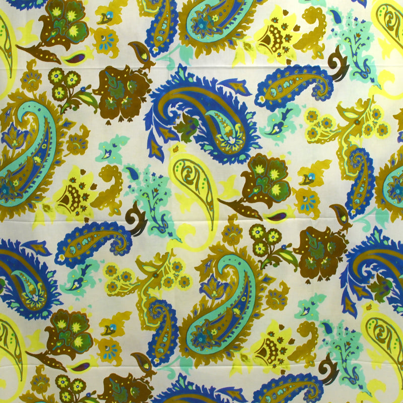 Voile de coton imprimé cachemire jaune fluo et turquoise fond écru