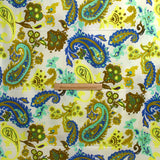 Voile de coton imprimé cachemire jaune fluo et turquoise fond écru