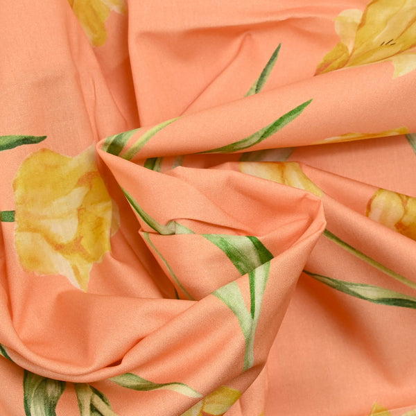 Coton imprimé tulipe jaune fond orange