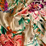 Satin de soie imprimé paon fond rose antique