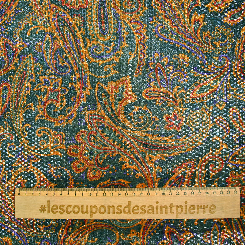 Jacquard polyester lamé cachemire orange et violet fond canard