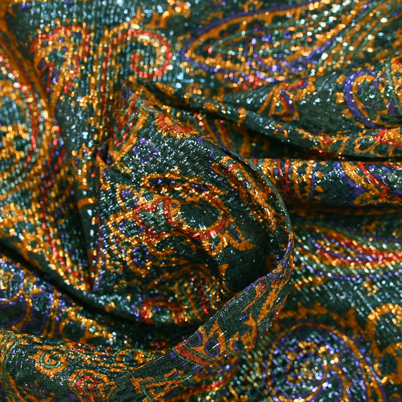 Jacquard polyester lamé cachemire orange et violet fond canard