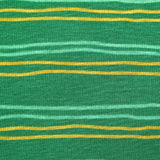 Sudadera de peluche a rayas amarillas y verde mar con fondo verde prado
