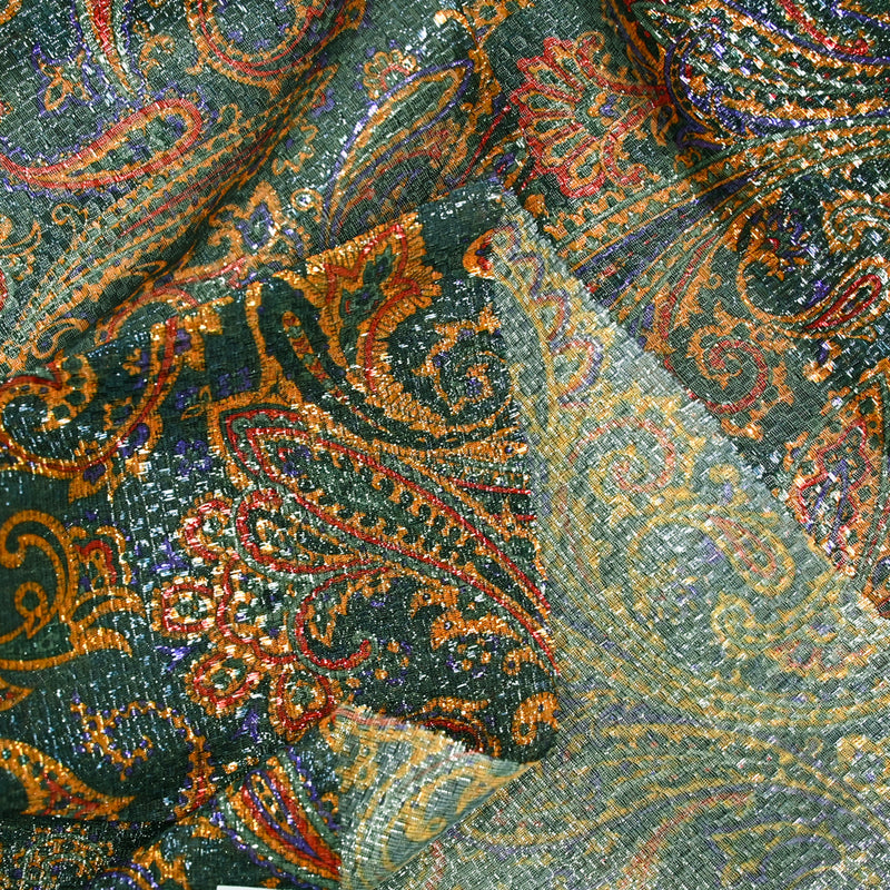 Jacquard polyester lamé cachemire orange et violet fond canard