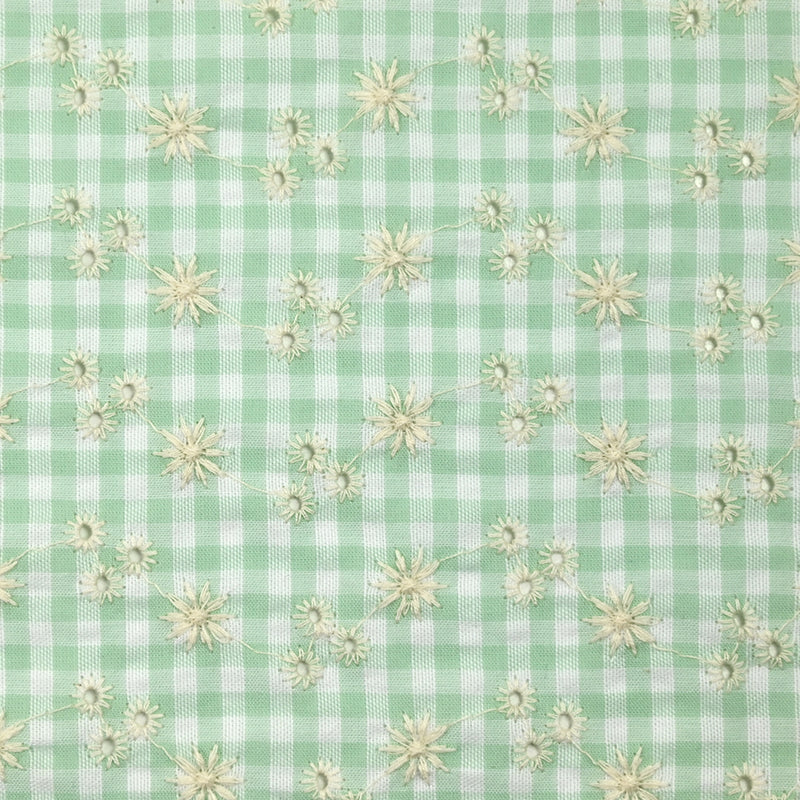Coton Vichy seersucker brodé fond vert pastel