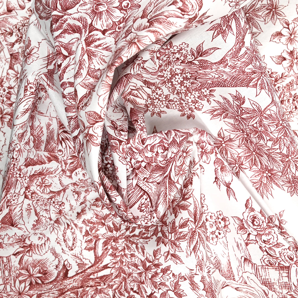Coupon De Tissu Toile De Jouy - Motif Blanc Et Rouge Pastel - Dimensions 180 X 180 Cm - Pour Ameublement Ou Couture