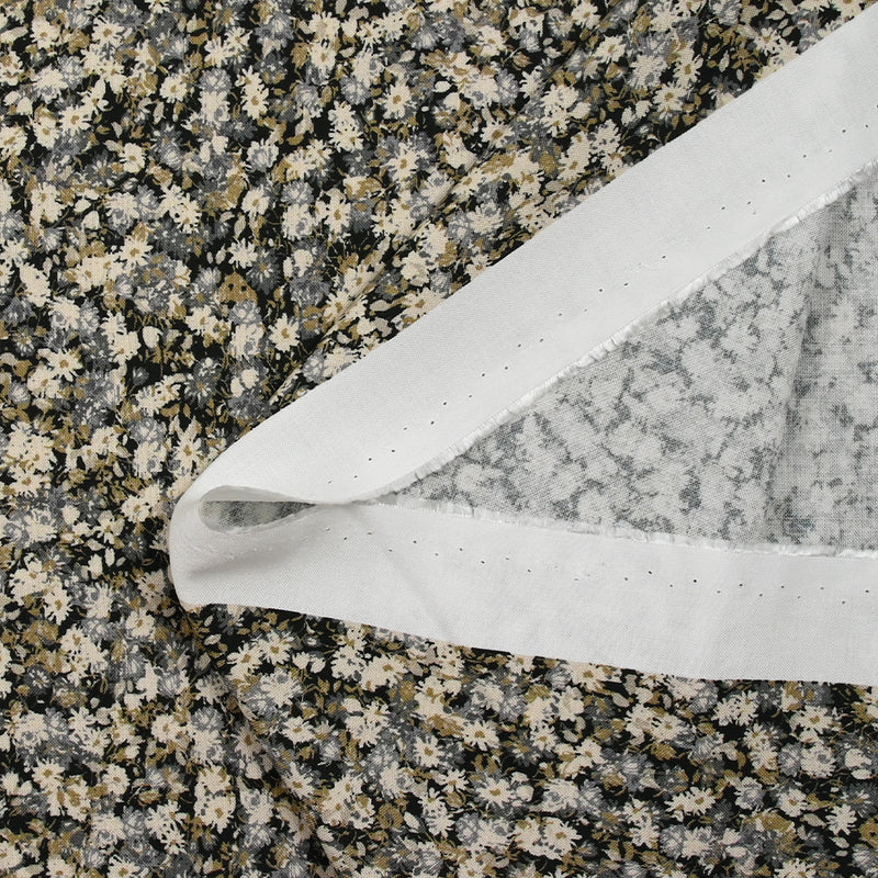 Viscose imprimée fleurs d'automne kaki, gris et écru fond noir