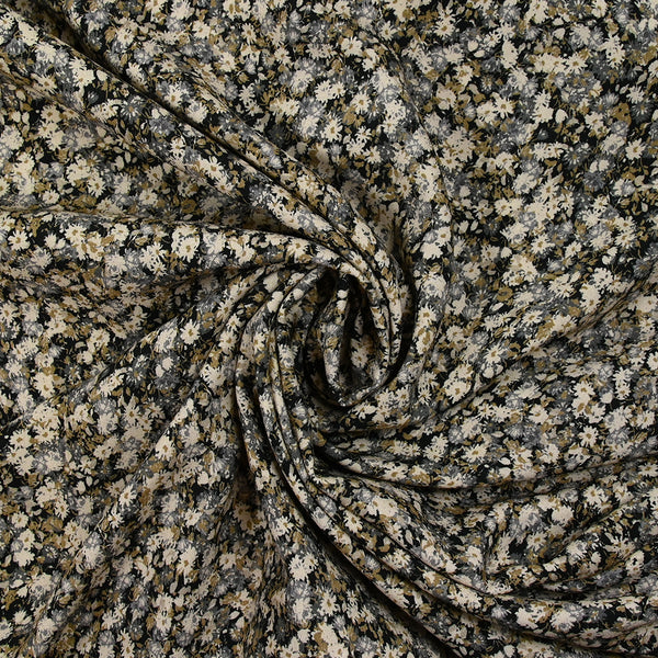 Viscose imprimée fleurs d'automne kaki, gris et écru fond noir