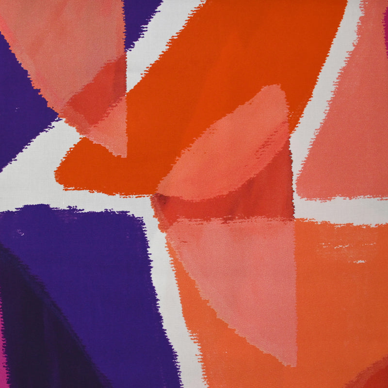 Viscose imprimée formes et couleurs indigo, rose et orange fond blanc