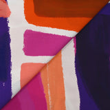 Viscose imprimée formes et couleurs indigo, rose et orange fond blanc