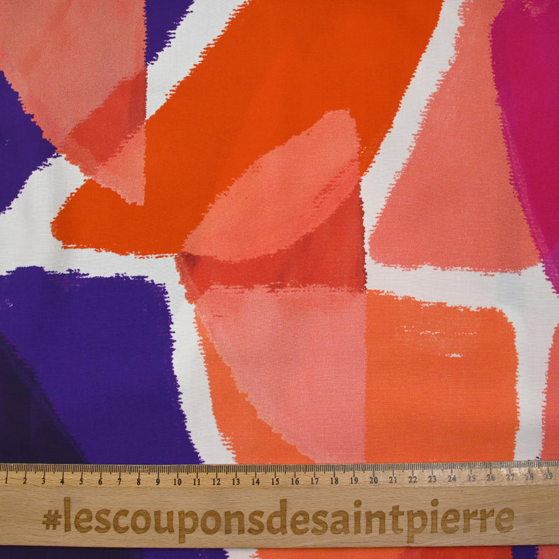 Viscose imprimée formes et couleurs indigo, rose et orange fond blanc