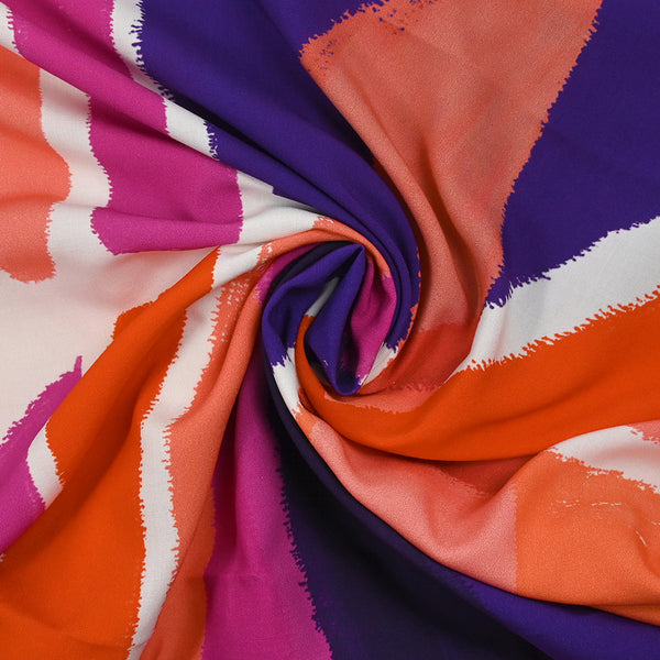 Viscose imprimée formes et couleurs indigo, rose et orange fond blanc