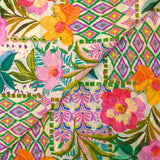 Mousseline crinkle imprimée jardin en fleurs orange et violet fond écru
