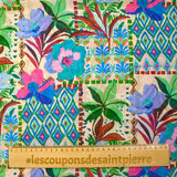 Mousseline crinkle imprimée jardin en fleurs turquoise et ciel fond écru