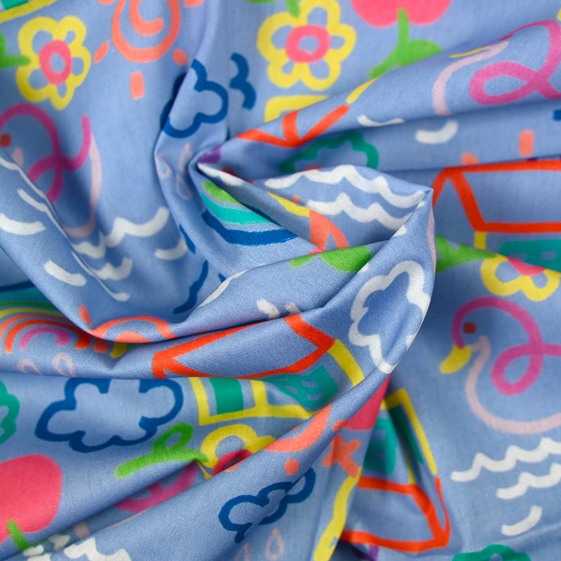 Coton imprimé dessin d'enfant fond bleu