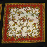 Georgette crepe square printed with flowers and birds in red and ecru black background
