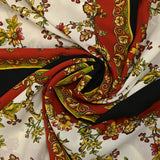 Georgette crepe square printed with flowers and birds in red and ecru black background
