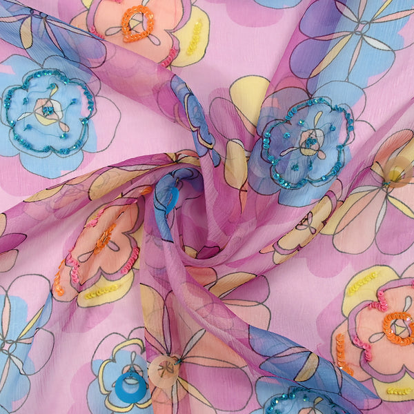 Mousseline Crinkle 100% Self -Suquine Printed flowers and shadows pink background