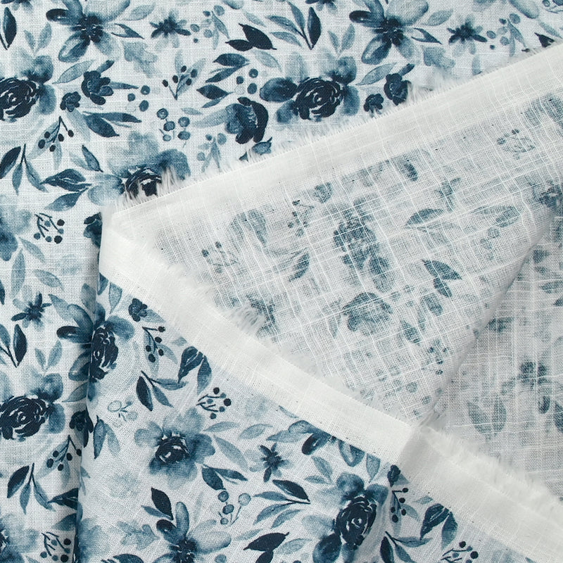 Woven cotton Linen A look printed flowers in dark blue watercolor