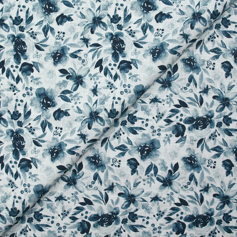 Woven cotton Linen A look printed flowers in dark blue watercolor