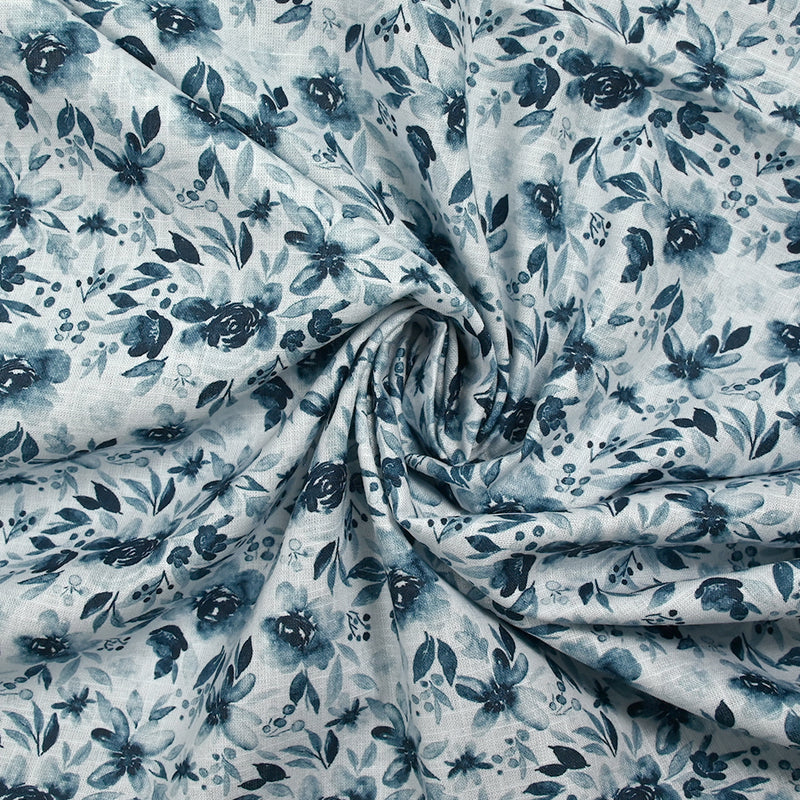 Woven cotton Linen A look printed flowers in dark blue watercolor