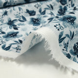 Woven cotton Linen A look printed flowers in dark blue watercolor