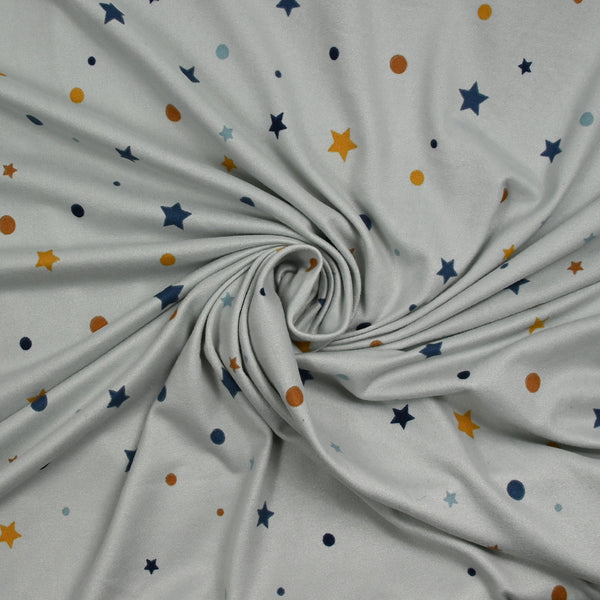 Jersey tout doux imprimé pois et étoiles fond gris
