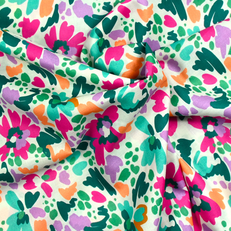 Coton imprimé Martina fleurs fantaisie fuchsia et vert au mètre