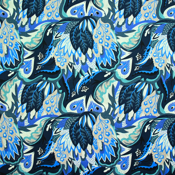 Coton imprimé Ginevra bleu et gris fond marine au mètre