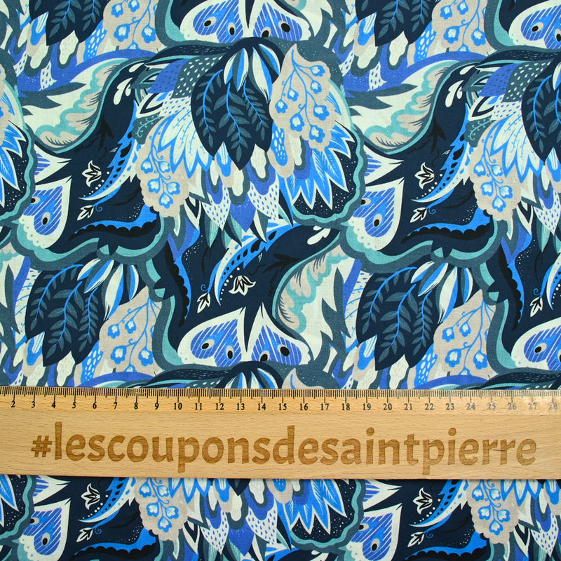 Coton imprimé Ginevra bleu et gris fond marine au mètre