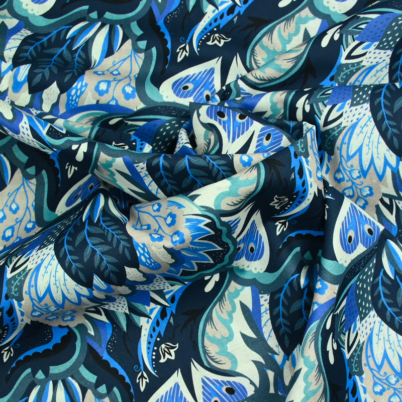 Coton imprimé Ginevra bleu et gris fond marine au mètre