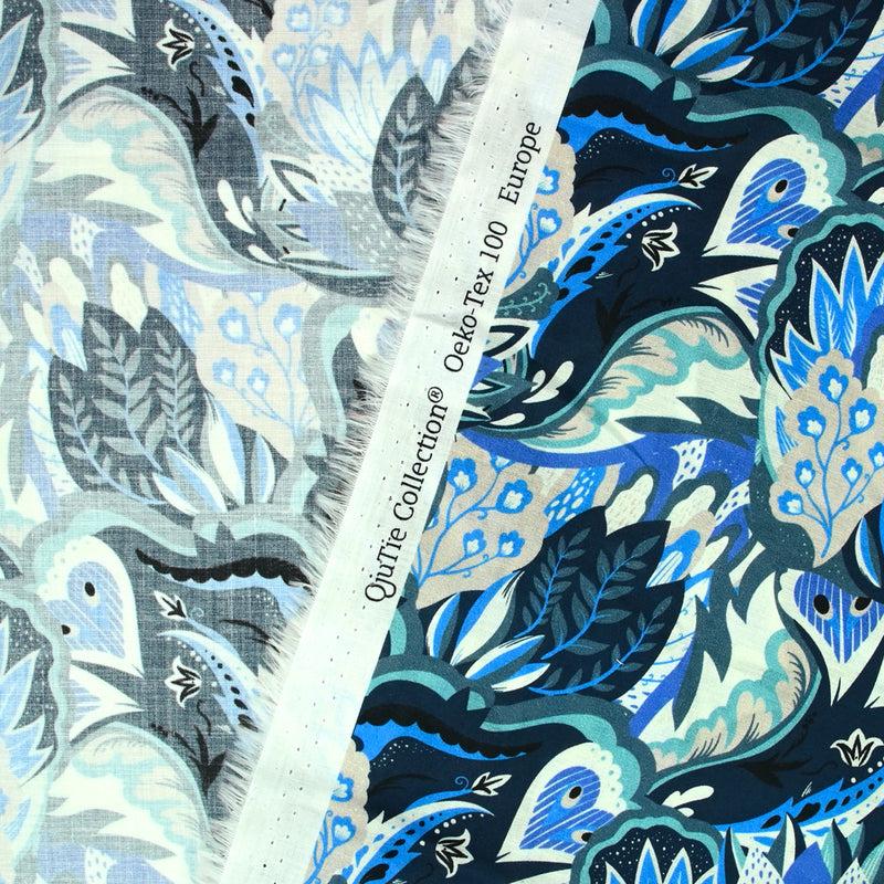 Coton imprimé Ginevra bleu et gris fond marine au mètre