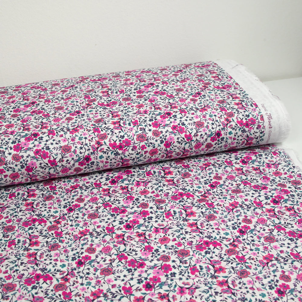 Coupon De Tissu Coton Petites Fleurs Roses - 49x77 Cm - Neuf - Fabriqué En France