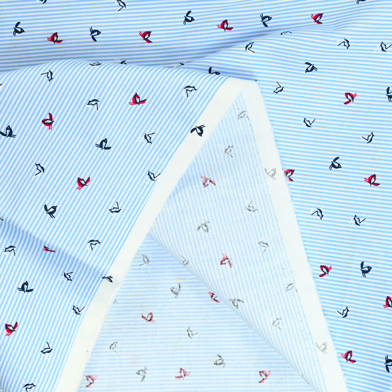Franja azul y pájaro estampado de algodón