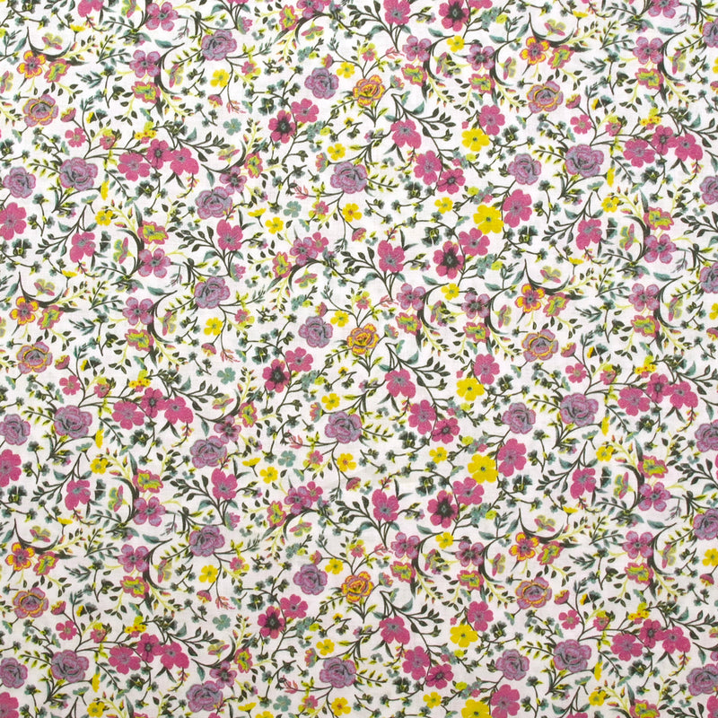 Coton imprimé Anna fleurs violet et jaune fond blanc au mètre