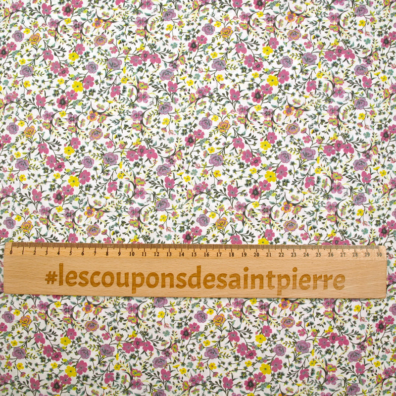 Coton imprimé Anna fleurs violet et jaune fond blanc au mètre
