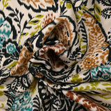 Satin de viscose imprimé cachemire flou turquoise et anis fond écru